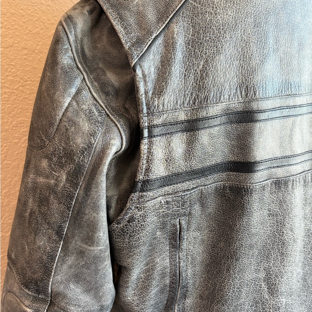 Unik Distressed Gray Leather Bomber Motorcycle Jacket men Sz L - Picture 10 of 16